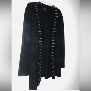 Women Embellished Black Open Cardigan with Silver Bedazzled Accents and Pockets